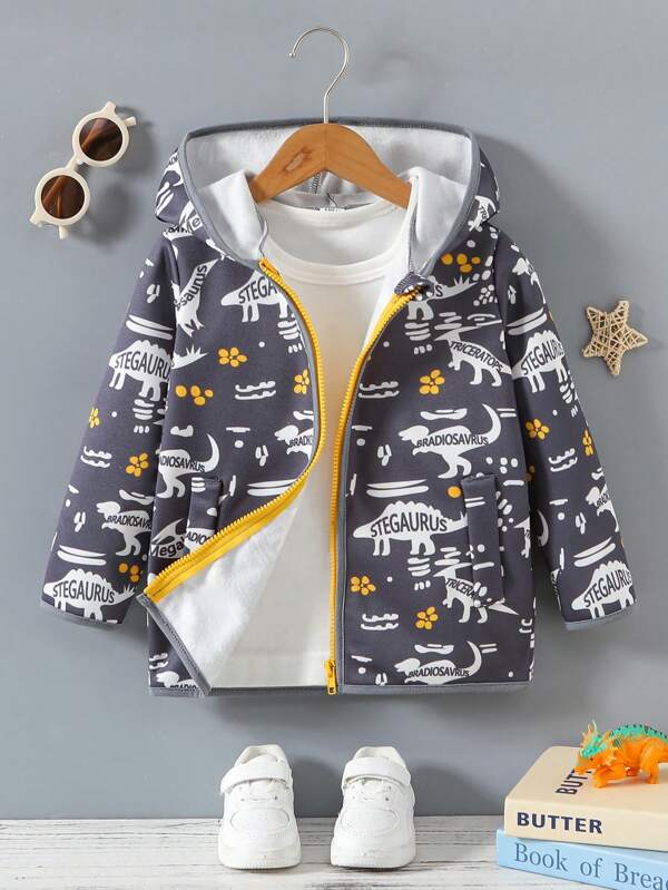 1 pieza Chaqueta con capucha con cremallera y bloque de color, estampado digital de dinosaurio de peluche, look casual y lindo para niños pequeños, versátil para usar a diario en otoño