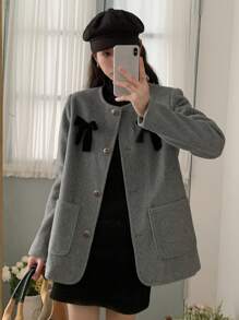 DAZY Áo khoác cardigan cổ tròn đính nơ cho nữ, Áo khoác nữ thu/đông, Quần áo nữ mùa thu Áo khoác nữ - Xám - Xem 2