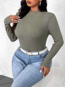 Calvaya Plus Size Women Solid Color Stand Collar Long Sleeve Fitted Sweater, Autumn Knit Pullover Fall Winter Outfit