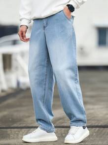 Manfinity Homme Men's Casual Distressed Cone Tapered Leg Jeans, Baggy Jeans Men, Light Blue Jeans Men, Blue Baggy Jeans Men - Blue - View 3