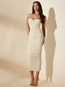 SHEIN BAE Váy bó sát không tay hở ngực màu xanh lá cây xô thơm mùa hè gợi cảm ngọt ngào cho nữ - Màu be - Xem 4