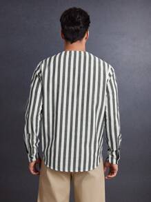 Mainfolk 男士编织条纹修身休闲长袖衬衫，适合秋季 - 彩色 - 查看 2