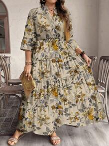 EMERY ROSE Casual Vintage Ditsy Floral V-Neck Ruched Long Sleeve Dress, Suitable For Autumn - Apricot - View 4
