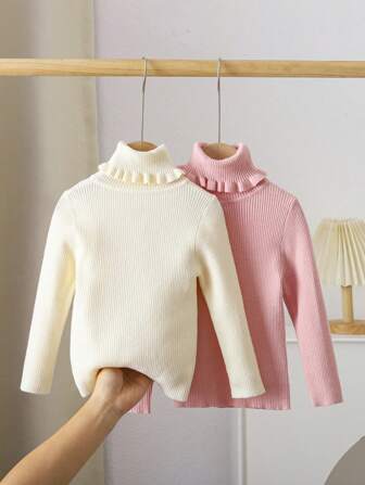 LMoss Kids Set da 2 pezzi per giovani ragazze, maglione aderente casual in rosa e bianco con collo alto, outfit autunnale per ragazze, costume per giovani ragazze, versatile per uso quotidiano, abbigliamento invernale per ragazze, maglione per ragazze, autunno/inverno