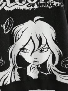 Winx Club X ROMWE Women's Loose Fit Cartoon Character & Letter Print Drop Shoulder Black Sweater - Black - View 3