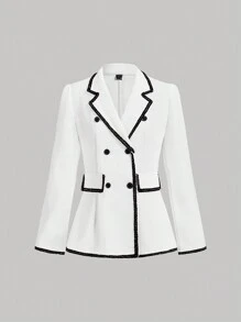 SHEIN MOD 女式长袖白色西装外套，配黑色滚边，优雅，秋冬西装外套，女警服装，外出，返校，早午餐，办公室，工作 - 白色 - 查看 1