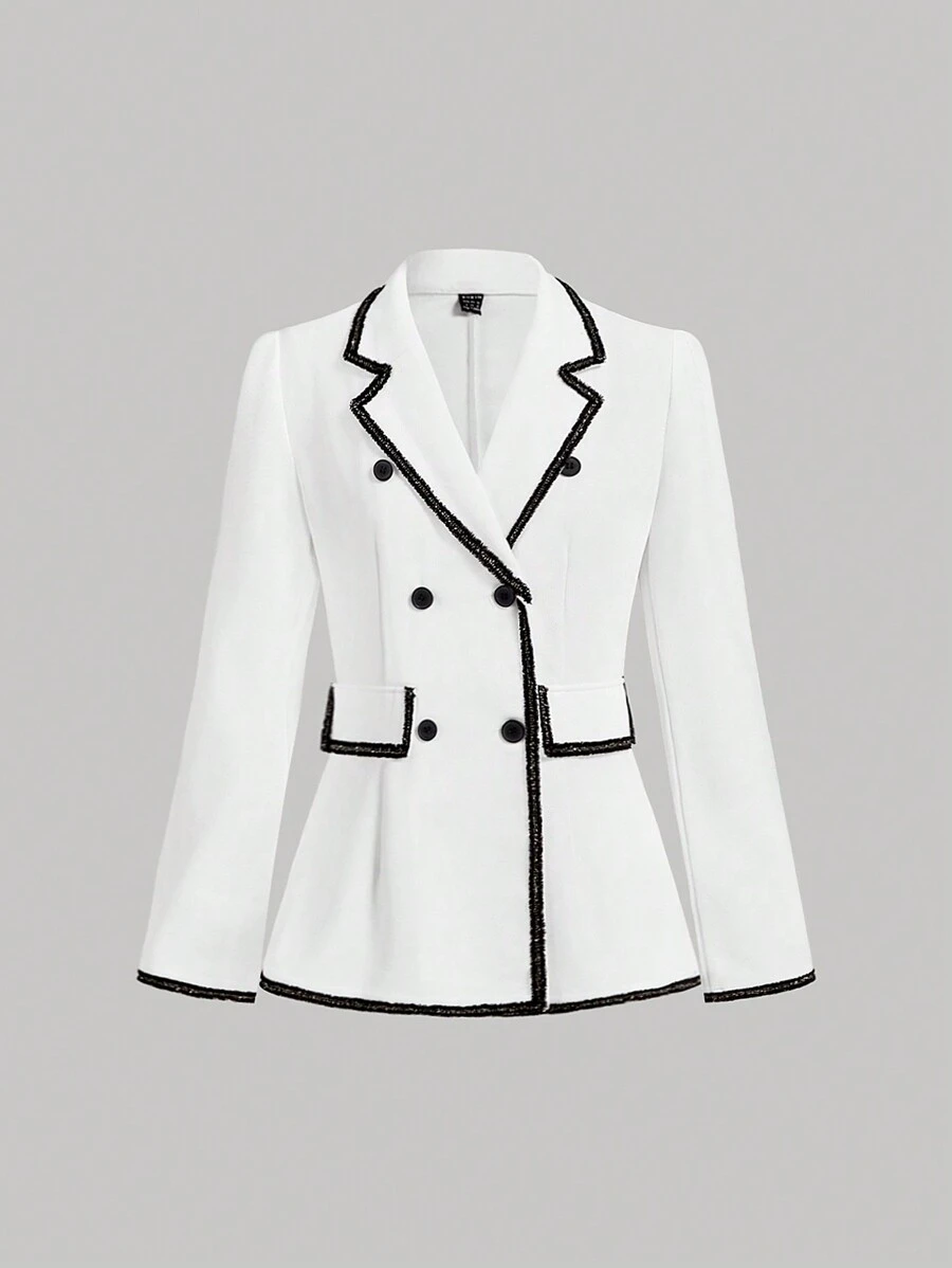 SHEIN MOD 女式长袖白色西装外套，配黑色滚边，优雅，秋冬西装外套，女警服装，外出，返校，早午餐，办公室，工作 - 白色 - 查看 1