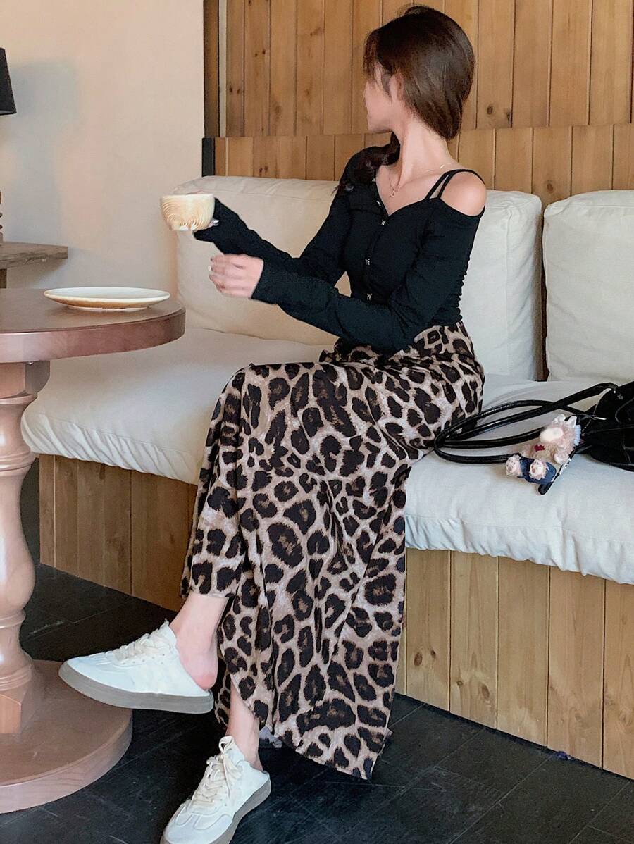 DAZY 女士秋季豹纹印花中长休闲裙 - 咖啡棕 - 查看 1