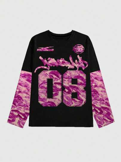 Street Life Herren lässiges Langarm T-Shirt mit lockerem Rundhalsausschnitt und Buchstaben Muster, Herbst