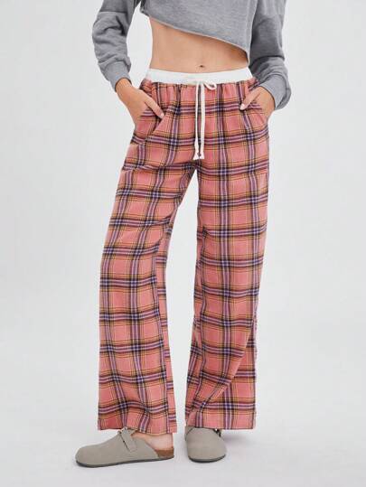 Easelle Pantalones rectos informales con bolsillos y estampado a cuadros en rosa y blanco