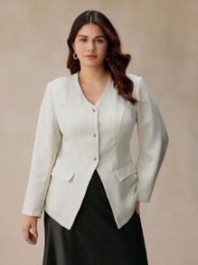 Elaquor Veste élégante pour femmes en grande taille, de couleur unie, col en V, manches longues, simple boutonnage, pour l'automne - Multicolore - Voir 2