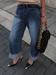 DAZY 女士休闲直筒口袋牛仔裤，日常穿着 - 深色水洗藍 - 查看 13