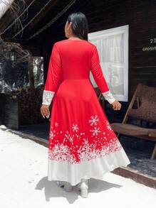 Celure Damen Große Größen Weihnachtskleid mit Schneeflocken Muster und Spitzenkontrast mit Tasche, elegantes Kleid