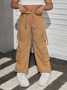 SHEIN Pantalones jogger de denim holgados color caqui para niñas - Caqui - Ver 6