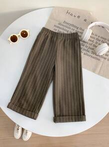 SHEIN Conjunto de 3 piezas de ropa para bebé niña con: Top de manga larga con cuello de tortuga a rayas, chaleco de peluche y pantalones largos acanalados gruesos, para otoño e invierno