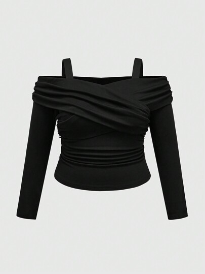 Plus Size Black Club Party Women Top With Ruffle Trim Back, Front Long Sleeve T-Shirt