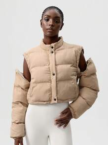 VARSITIE 女士立领长袖宽松短款解构运动棉服外套 - 卡其色 - 查看 3