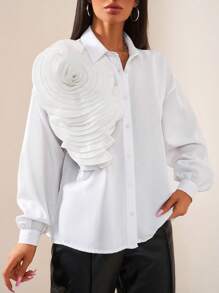 EURMUSE 100% Cotton 3D Flower Detailed Long Sleeve Elegant Special Shirt