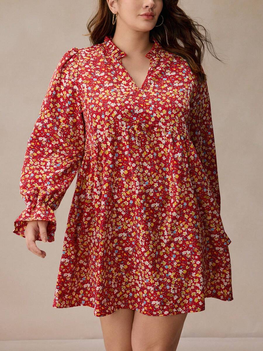 SHEIN Frenchy 大码女式 V 领碎花长袖办公室连衣裙，秋季 - 紅色 - 查看 1