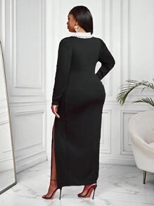 Slaydiva Elegant Classic Plus Size Elegant Lady Contrast Color Block Long Sleeve Bodycon Dress - Black - View 2