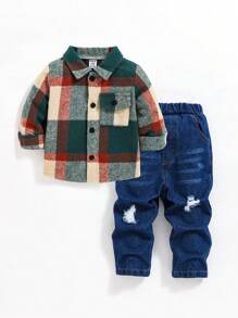SHEIN Playful Pals Baby Boy Plaid Long Sleeve Single-Breasted Flap Pocket Jacket And Casual Pants Set, Autumn - Multicolor - View 1