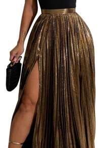 Falda larga metalizada con abertura alta para mujer, apta para usar en fiesta