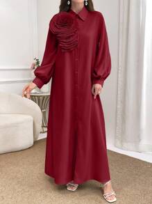 Al Najma Váy Abaya dài màu đỏ tía thanh lịch dành cho nữ, trang trí hoa 3D, cài nút phía trước, mùa xuân thu, váy Ả Rập dài tay thanh lịch, giản dị - Màu Đỏ Sâu - Xem 3