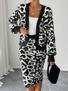 SHEIN Unity 2 件套女士休闲高端豹纹针织套装 - 黑色 - 查看 6