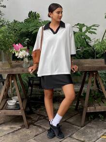 DAZY Women's Casual Loose Contrast Color Drop Shoulder Polo Neck T-Shirt, Summer Oversized T-Shirt