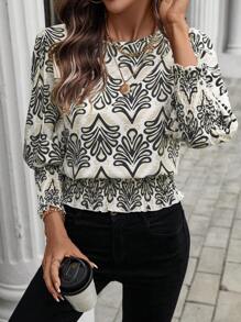 SHEIN LUNE Women's Retro Pattern Long Sleeve High-Low Hem Shirt With Waist Belt, For Teachers, Autumn/Winter - Multicolor - View 1