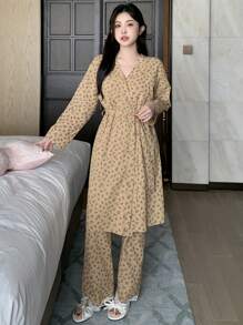 DAZY 3pcs Set Ditsy Floral Camisole Robe & Pajama Pants Sleepwear - Khaki - View 4