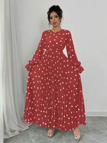 Chiquease 1pc Women's Polka Dot Print Round Neck Long Sleeve Long Elegant Dress - Red - View 4