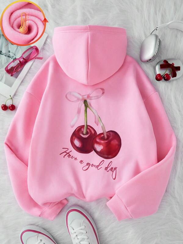 Teen Girls' Cherry Graphic & Slogan Print Drop Shoulder Hoodie Sweatshirt, Spring Autumn