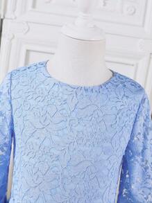 Girls Seven-Eighth Sleeve Spliced Fuzzy Fabric Crew Neck Fitted Lace Layer Dress, Elegant Style For Autumn/Winter - Blue - View 5
