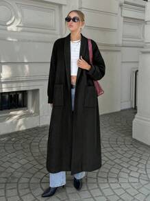SHEIN Cottnline Drop Shoulder Long Overcoat With Belt - Black - View 6