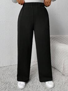 SHEIN LUNE Pantaloni casual comodi a vita elastica e gamba dritta di colore unito per taglie forti donna - nero - Visualizzare 1
