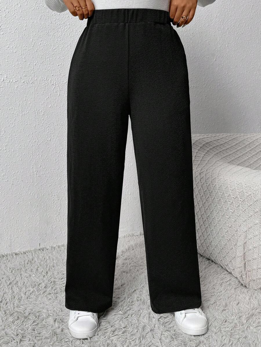 SHEIN LUNE Pantaloni casual comodi a vita elastica e gamba dritta di colore unito per taglie forti donna - nero - Visualizzare 1