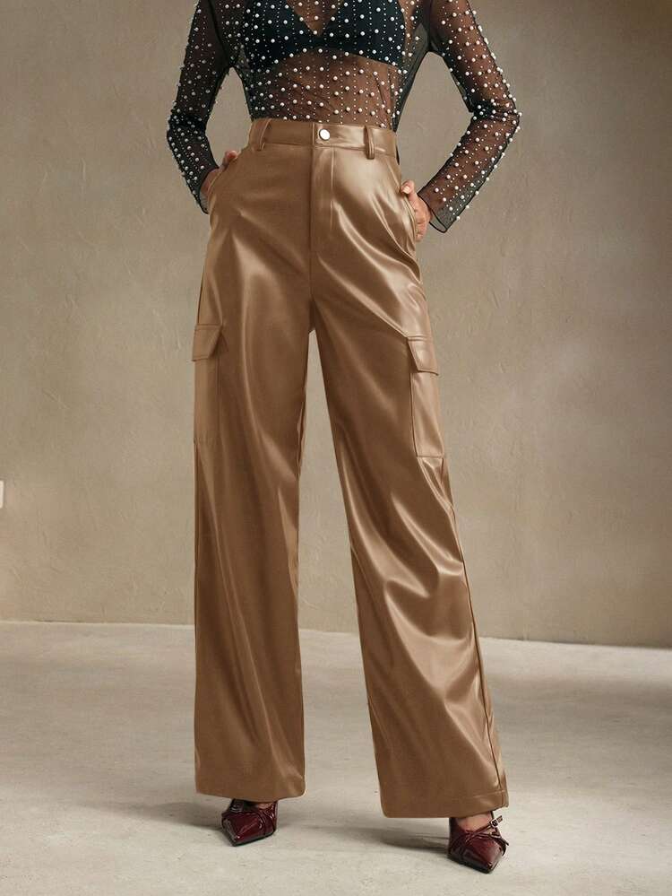 Pantalones de mujer de color liso brillante con bolsillos de moda
