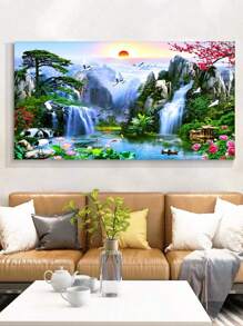 1 pieza Lienzo con pintura de paisaje de cascada y puesta de sol, pósteres e impresiones de aves en el lago, obra de arte de bosque para decoración de la sala de estar, decoración festiva del hogar, lienzo sin marco como regalo de Navidad