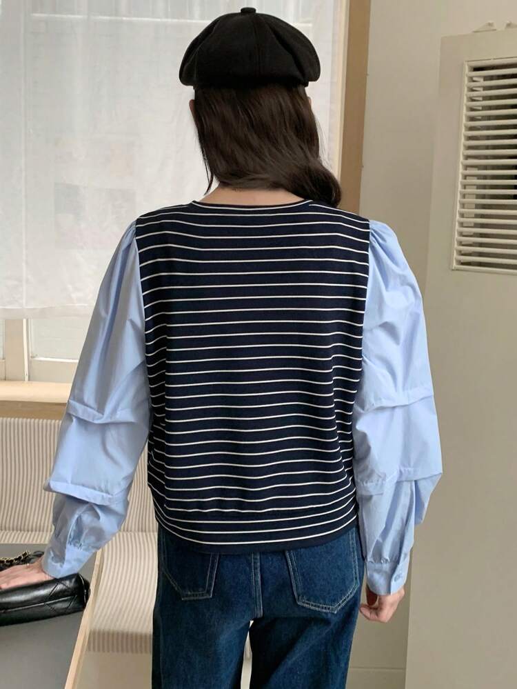 Women's Round Neck Striped Contrast Color Sweater, For Autumn/Winter Long Sleeve Women Tops