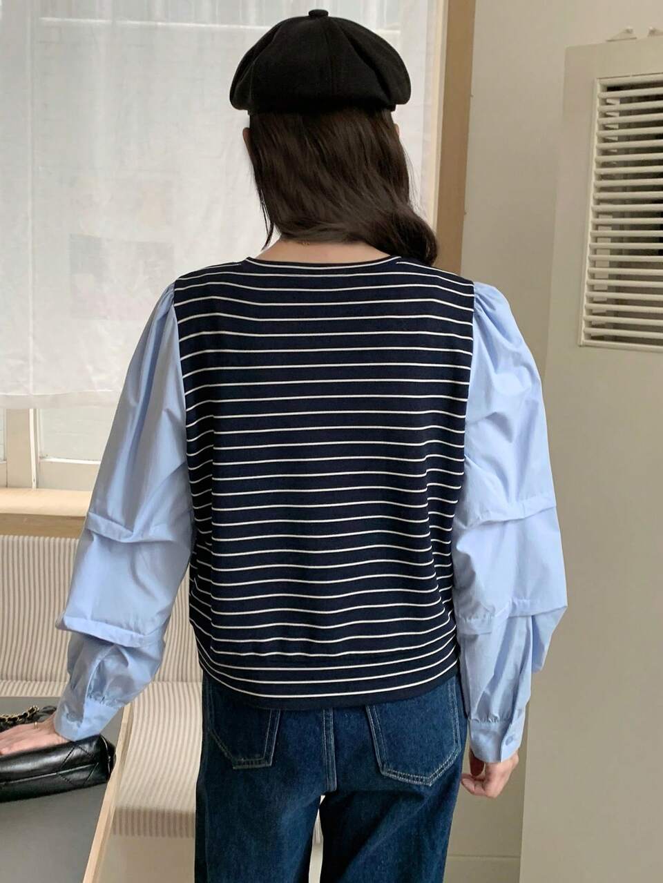 Women's Round Neck Striped Contrast Color Sweater, For Autumn/Winter Long Sleeve Women Tops