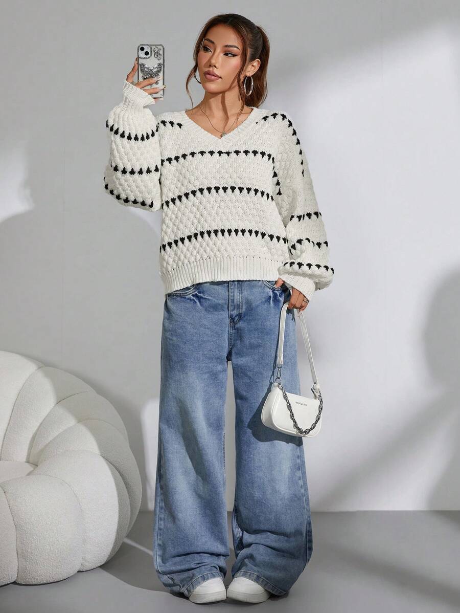 Flirla Fashionable Color Block Stripe Drop Shoulder Loose Knit Sweater For Women, Autumn/Winter Knit Pullover Fall - Multicolor - View 1