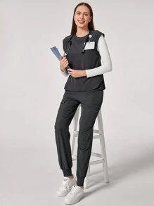 TaskEZ Conjunto informal de uniforme de scrubs con top cuello redondo minimalista y pantalón de chándal con bolsillo