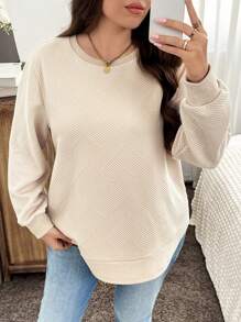 SHEIN LUNE Plus Size Casual Effen Kleur Dropped Shoulder Losse Sweatshirt, Lente/Herfst
