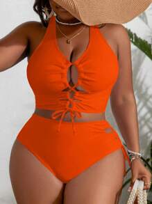 SHEIN Slayr CURVE Plus Size Summer Beach Vacation Cross Front Tied Bikini Set - Orange - View 4