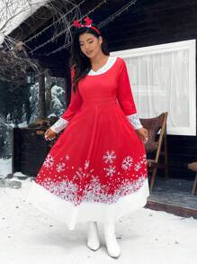 Celure Damen Große Größen Weihnachtskleid mit Schneeflocken Muster und Spitzenkontrast mit Tasche, elegantes Kleid