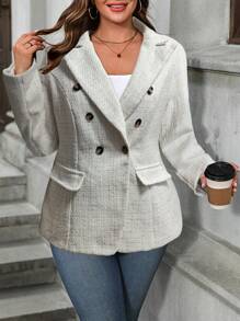 SHEIN LUNE Plus Size Double-Breasted Casual Classic Long Sleeve Suit Jacket