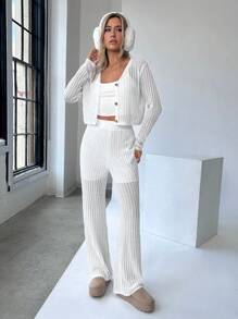 SHEIN EZwear 2 bộ đồ vest nữ tay dài cài nút phía trước đơn giản và quần âu mỏng trong suốt - trắng - Xem 6