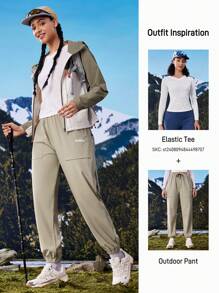 In My Nature Women's Letter Print Drawstring Waist Pocket Sports Hiking Pants - Khaki - View 4
