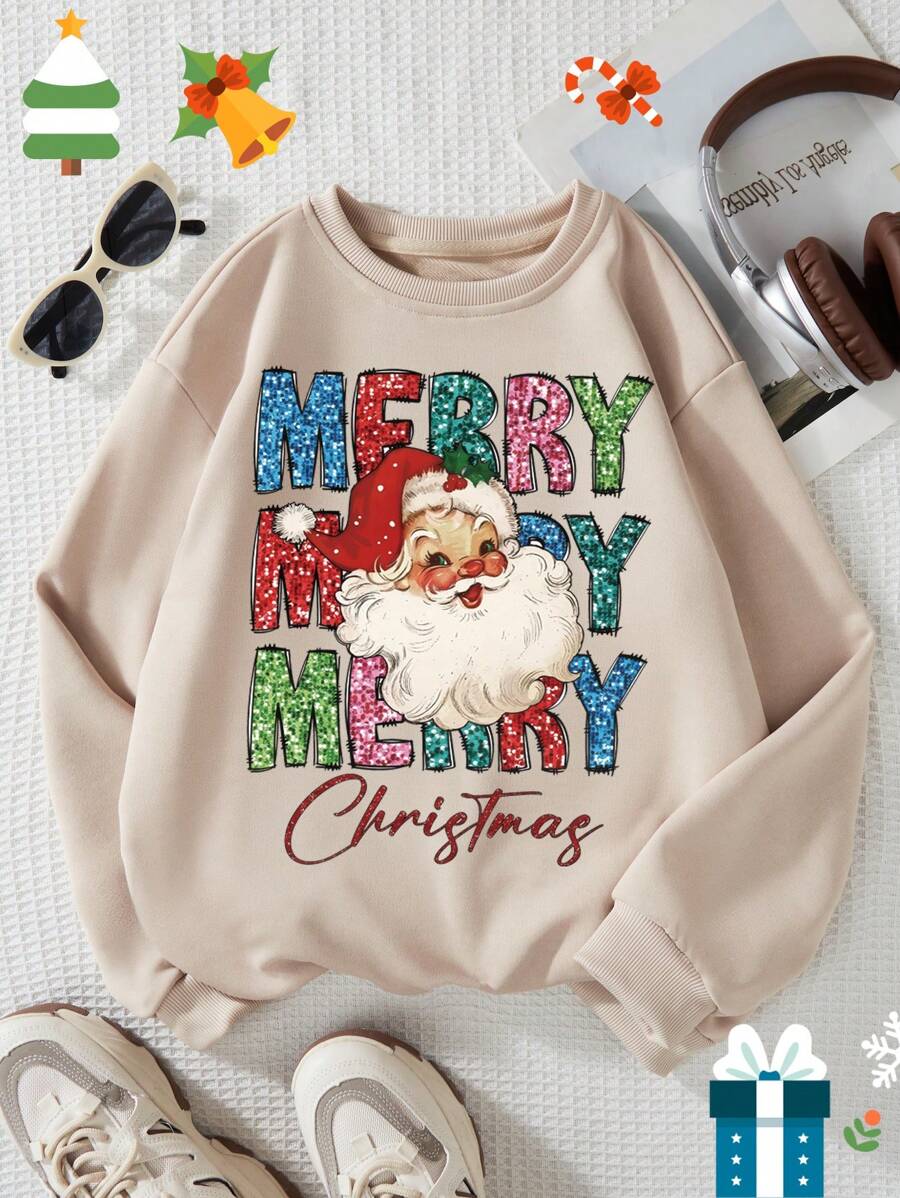 Tween Girls Cute Santa Claus & English Letter Print Crew Neck Christmas Sweatshirt